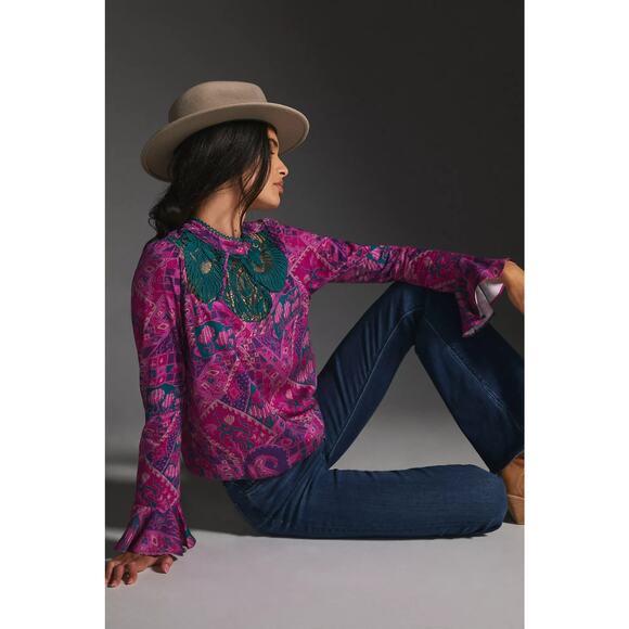 NWT Anthropologie Tiny Brenan Long Flutter-Sleeve Bohemian Top Size XS - Picture 2 of 4